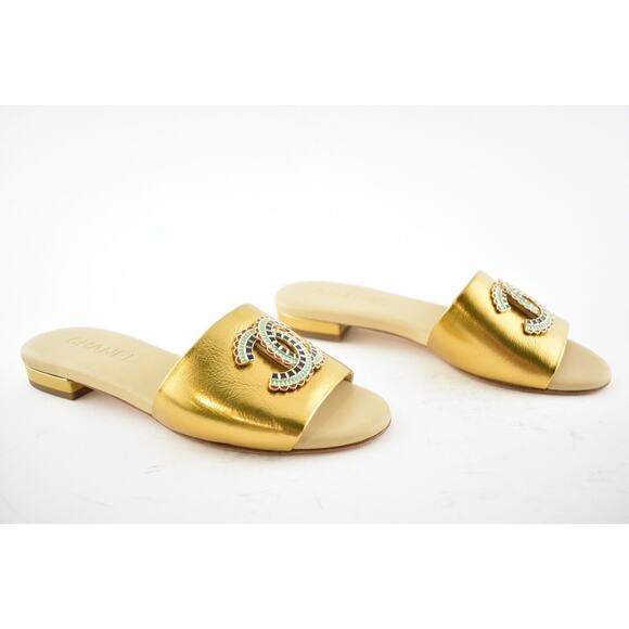 Chanel 19A Gold Laminated Lambskin CC Red Logo Slide Slip On Sandal Mule Flat 36 - Picture 2 of 12
